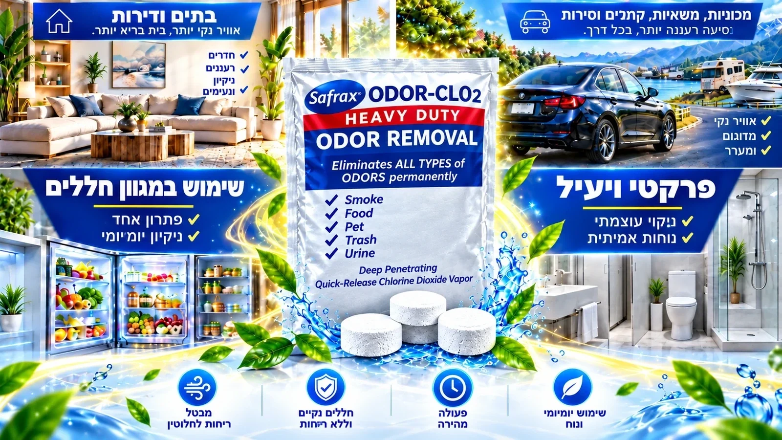 פרסומת Safrax עם דוגמאות למכוניות, בתים ומתקנים